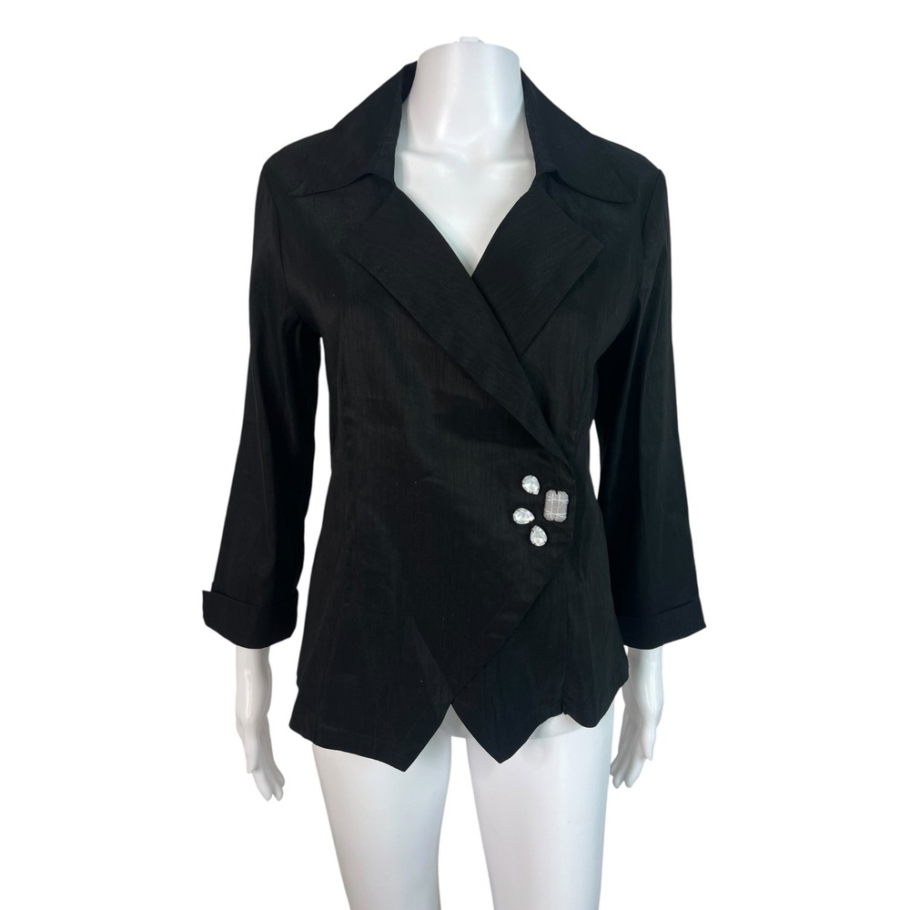 ZOZO Womens Black Linen Blend Rhinestone Wrap Blazer Jacket Chic Fairy Size M